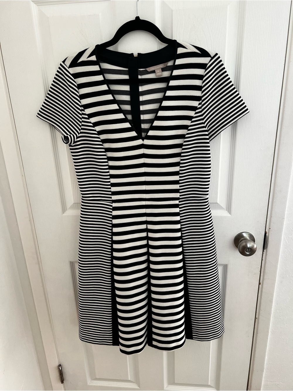 Banana Republic Black and White Striped V-Neck Fit-and-Flare Mini Dress